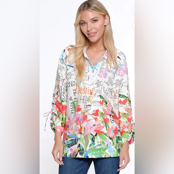 John Mark Tops - John Mark Plus Size Novelty Floral Print Collar Neck 3/4 Sleeve Button Front Top
